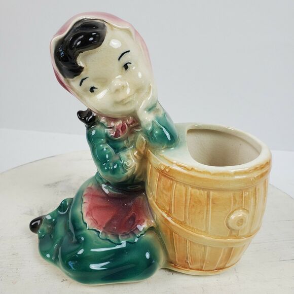 Vintage 1930s Royal Copley Ceramic Planter Girl w/ Barrel 6x6x3.5 Inch - Picture 1 of 7